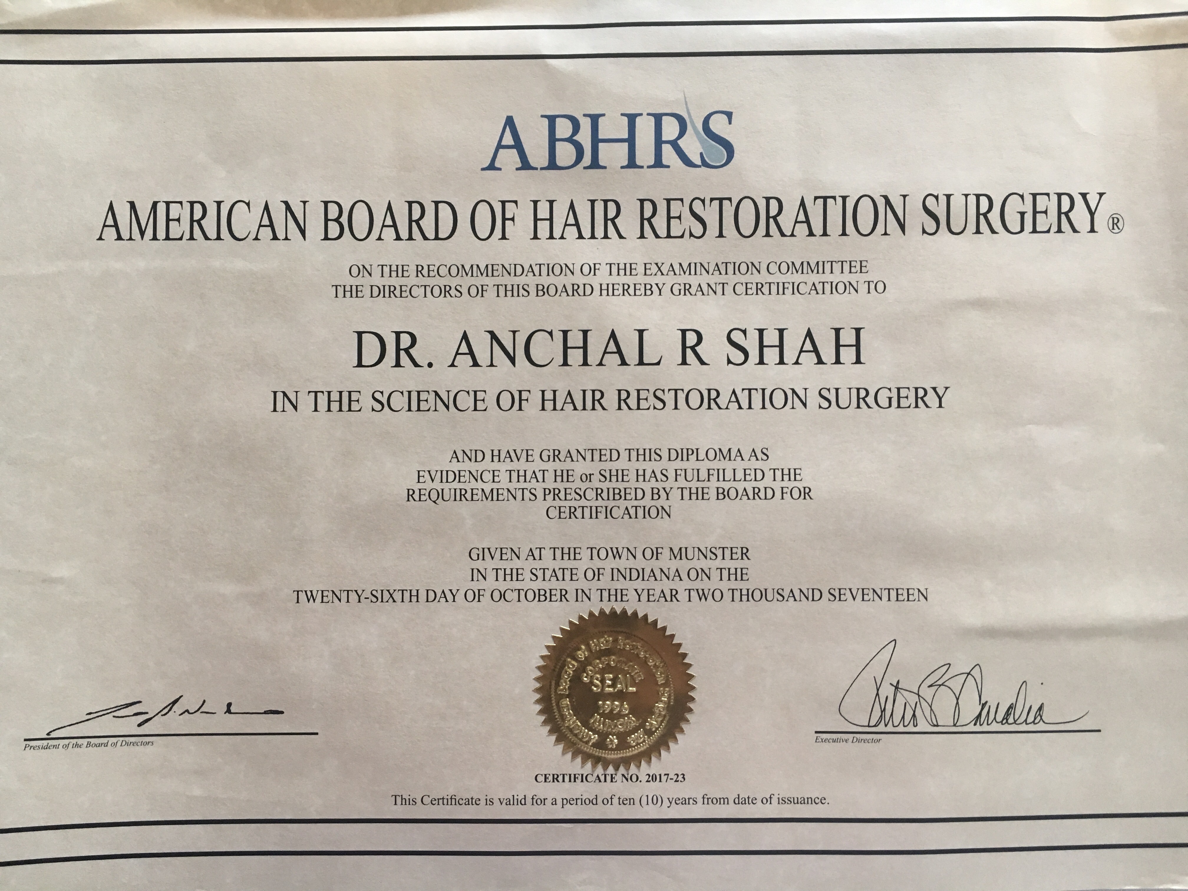 ABHRS Diplomate Certificate
