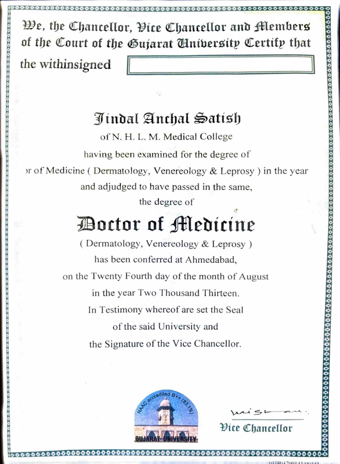 MD Dermatology Certificate