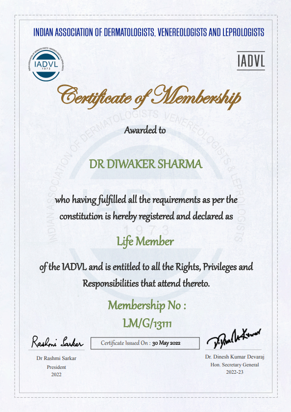 Member of Indian Association of Dermatologists, Venereologists and Leprologists (IADVL)